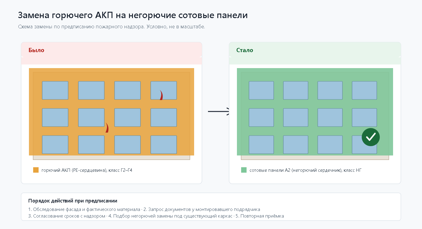 Схема замены горючих АКП на негорючие сотовые панели по предписанию пожарного надзора